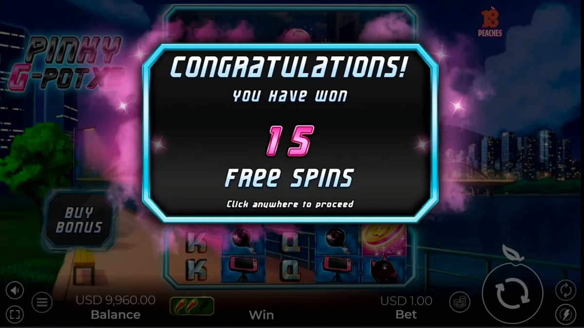 Interface neon do jogo Pinky G-Pot X2 com elementos de motociclismo
