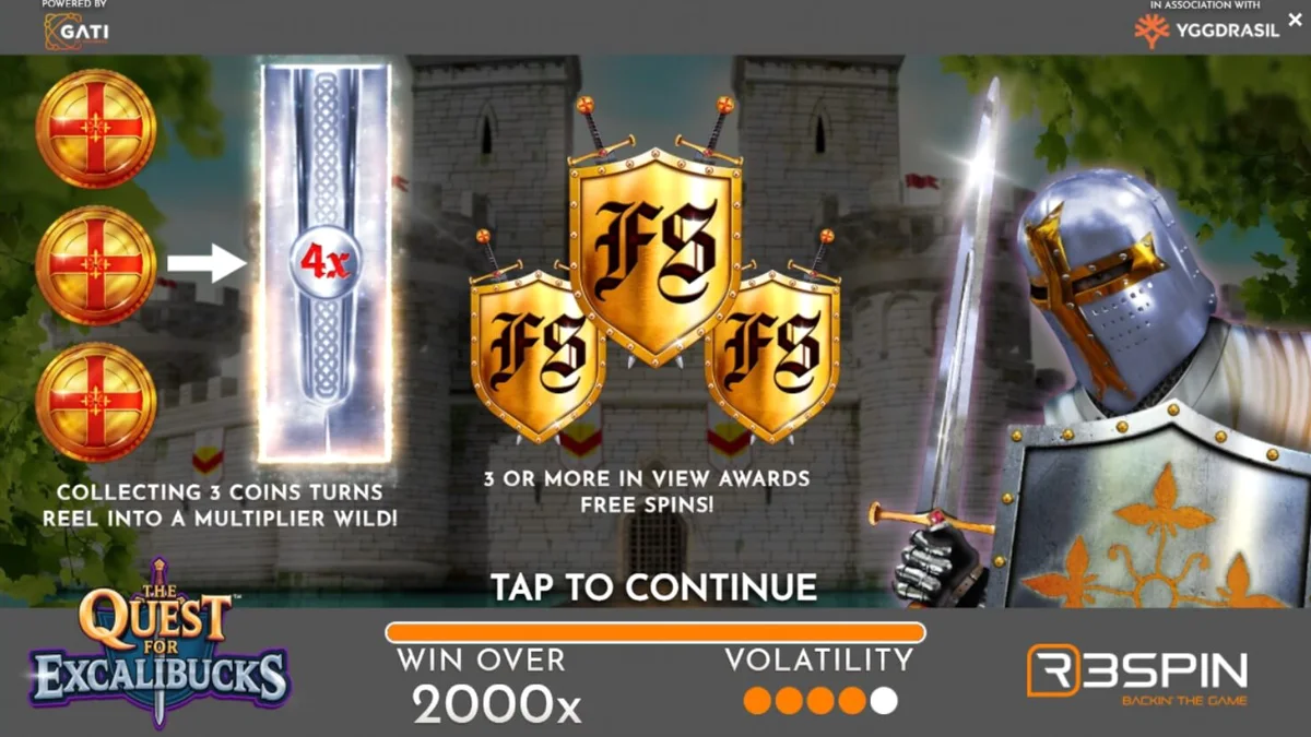Cavaleiro medieval em frente a um castelo no slot The Quest for Excalibucks