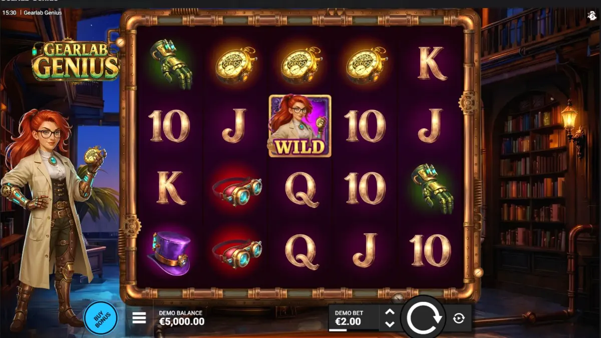 Interface do jogo Gearlab Genius com engrenagens e elementos steampunk